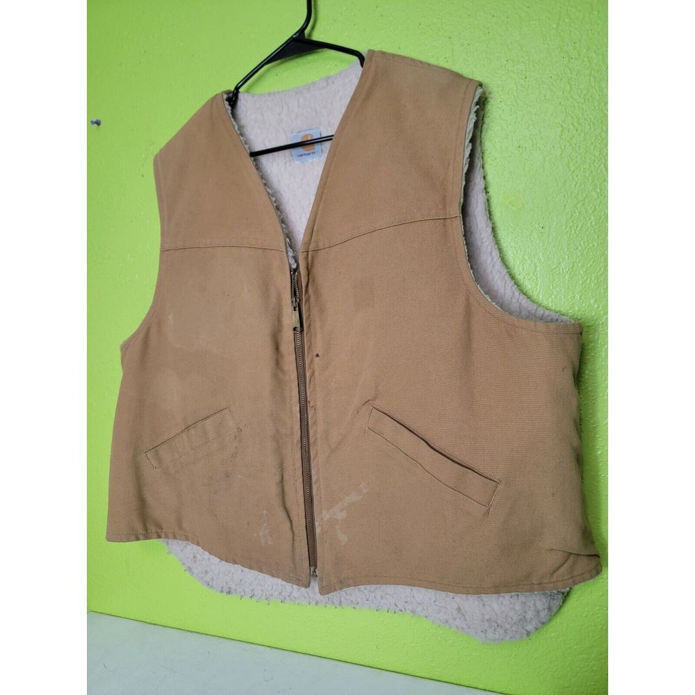 Vintage Carhartt Vest Men's Size 2XL Sherpa Lined Duck Distressed USA Made Tan